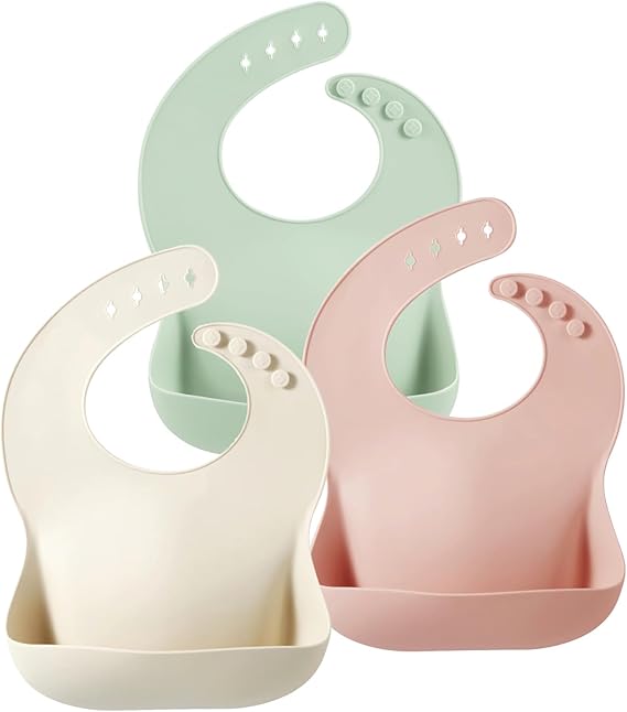 Lilaboo | Set of 3 Silicone Baby Bibs with Adjustable Soft Fit and Food Catcher Pocket