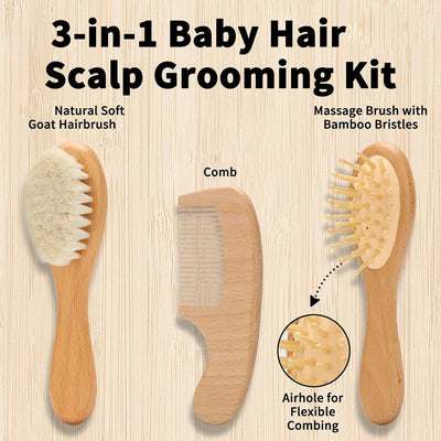 LittleNest Wooden Baby Hair Brush, Massage & Comb Set